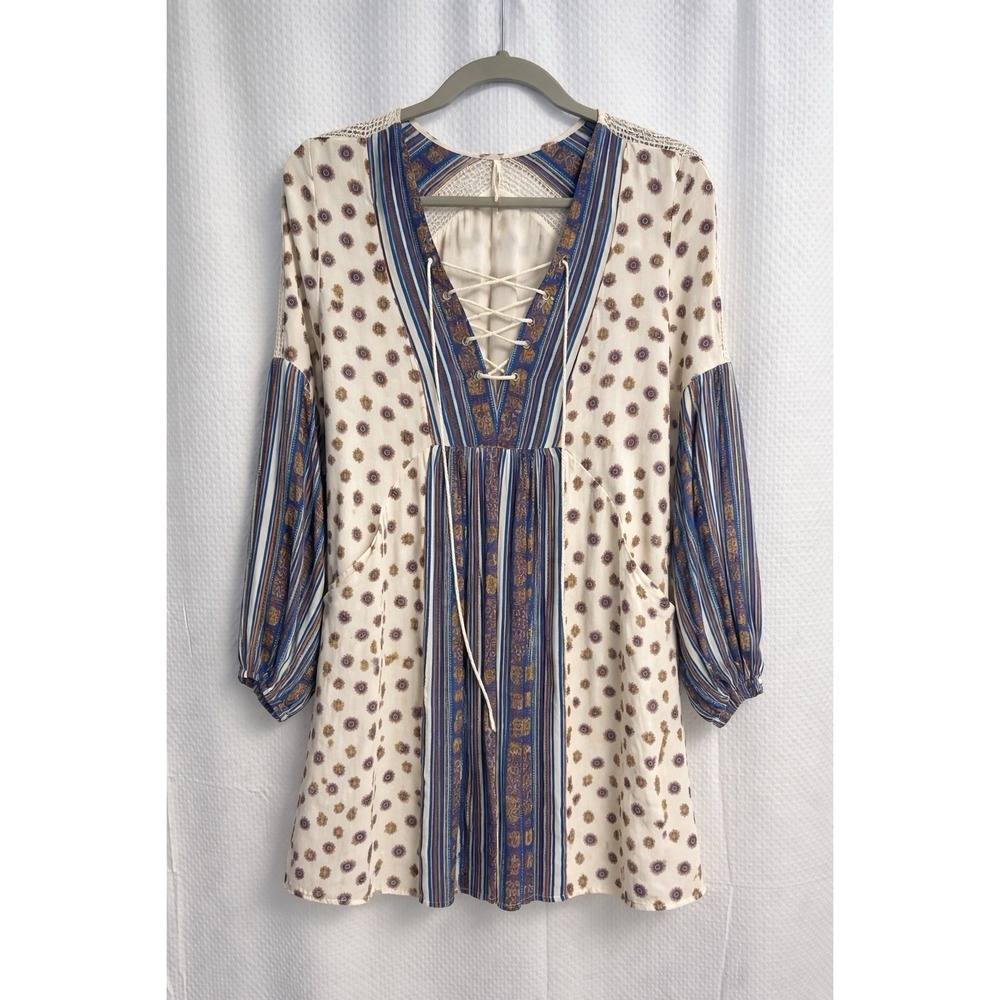 Free People Rain Or Shine Lace Up Boho Babydoll Mini Dress Small  Tunic